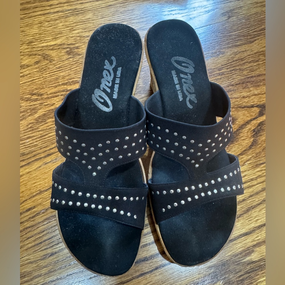 Onex Black Studded Double-Strap Slip-On Mules, silver accents, Size 38 (7) EUC